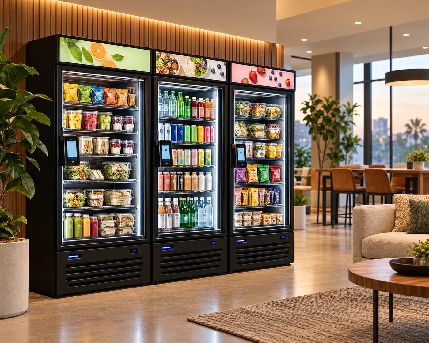 Three smart vending coolers stocked with drinks, snacks and fresh food in a shared lounge.